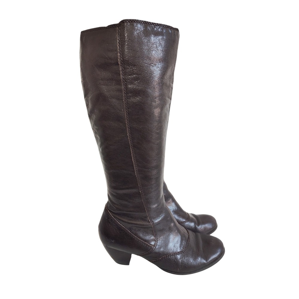 Born Knee High Boots 8 Leather Block Heel Brown Side Zip Equestrian Academia